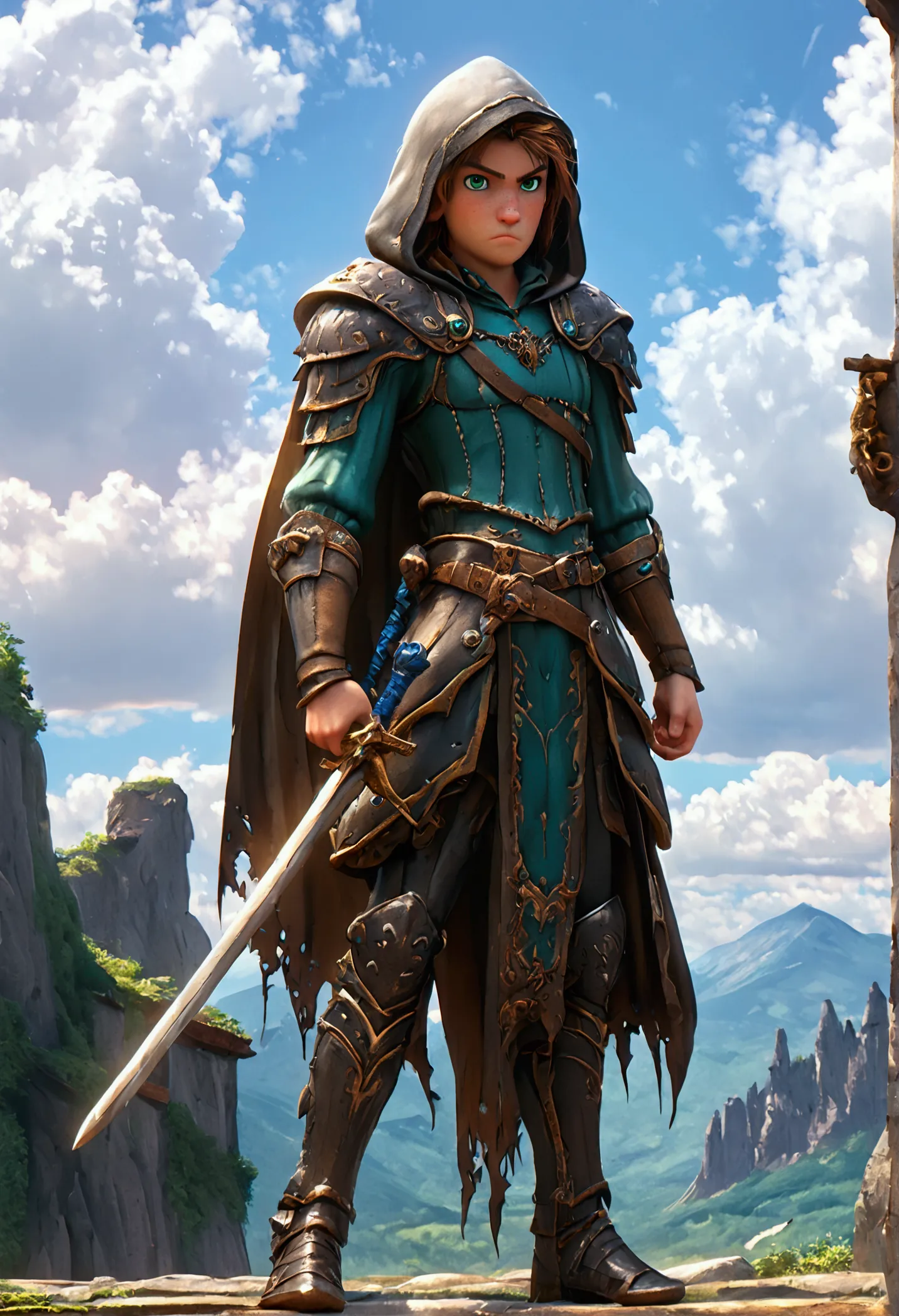 Half dragon human swordsman, slightly aged male, serious, ((lean but muscular, slim body, thin, skinny, sharp facial features, pointed chin, sharp nose)), sword on belt, beautifull, masterpiece, training, outside, mountains in background, detailed, detaile...