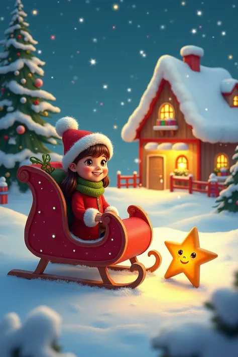  A  is sitting on a big , red sleigh ,  while the Christmas star is shining next to her .  She looks at Santas workshop,  that is full of colorful gifts and lights .  The Christmas star has a cute , happy face. rens picture book style  