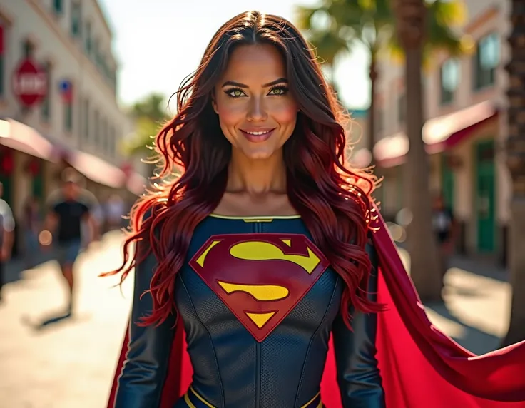 A Latina-inspired version of CW TVs Supergirl stands confidently, her long red and black hair cascading in soft waves. Her glowing green eyes radiate a hypnotic allure, paired with a serene, carefree smile. She wears a redesigned light blue suit with a bol...