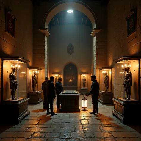 An interior view of the museum-like hall, 7x10,no windows, inside Bran Castle. On the walls there are standing 2 big exposing glass boxes 3x2, and 3 smalls 1x1, spaced 3 meters apart.  The cases are interspersed with large, ornate candle lamps that illumin...