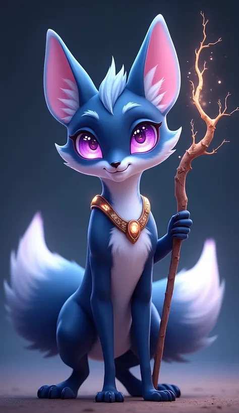 A unique and realistic cartoon character of a mystical, anthropomorphic fox-like creature. The creature has sleek, shimmering fur that transitions from deep midnight blue on its back to glowing silver on its belly and tail tips. Its large, expressive eyes ...