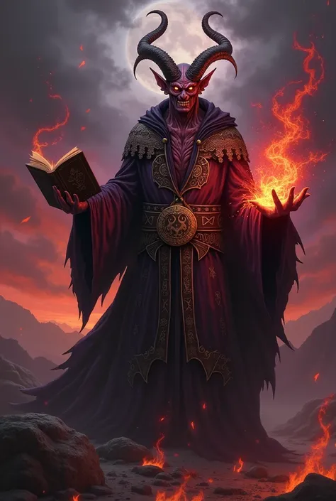 An insidious devil wizard with a book in one hand and fire in other hand, fantasy semi-realistic style