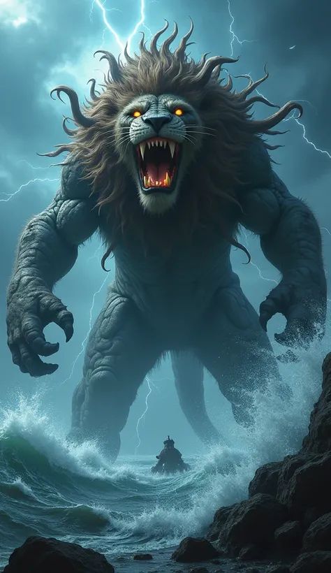 Mutant kraken hybrid with a lion roaring and furious on a stormy night