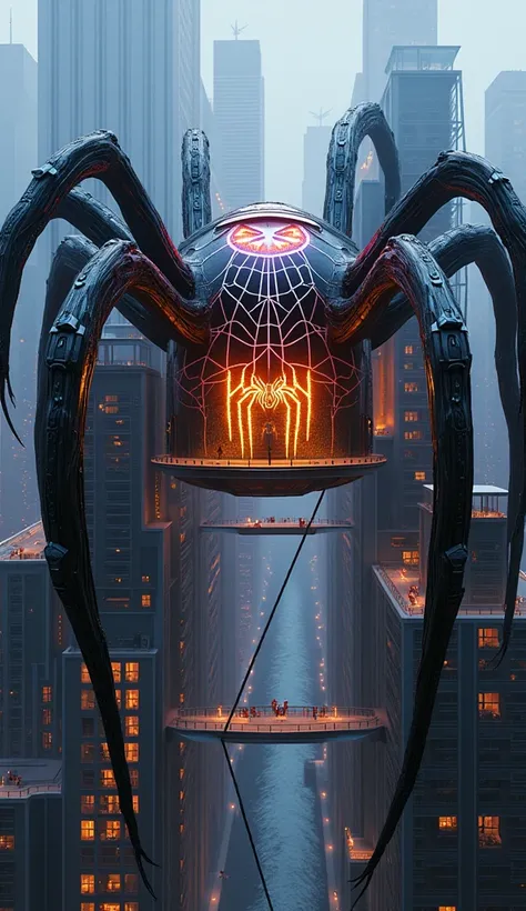 A breathtaking, Spider-Man-themed house designed to resemble a colossal futuristic spider crouching over the city skyline, its eight sleek legs arching dramatically to form the structures framework. The house itself is embedded into the spiders abdomen, wi...