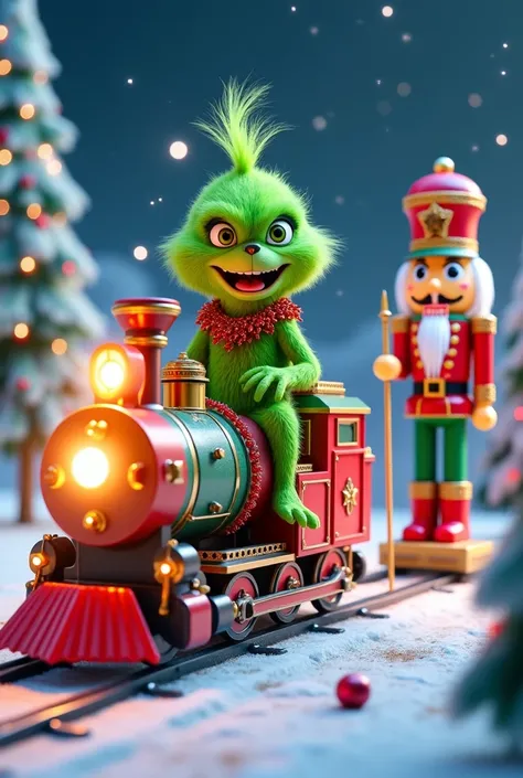 imagine the Grinch ,  with his green fur character and mischievous expression , dressed as Jin Carry ,  in a colorful and fun outfit .  He is riding a Christmas train decorated ,  full of bright lights and festive ornaments . Y Next to it ,  is a large, co...