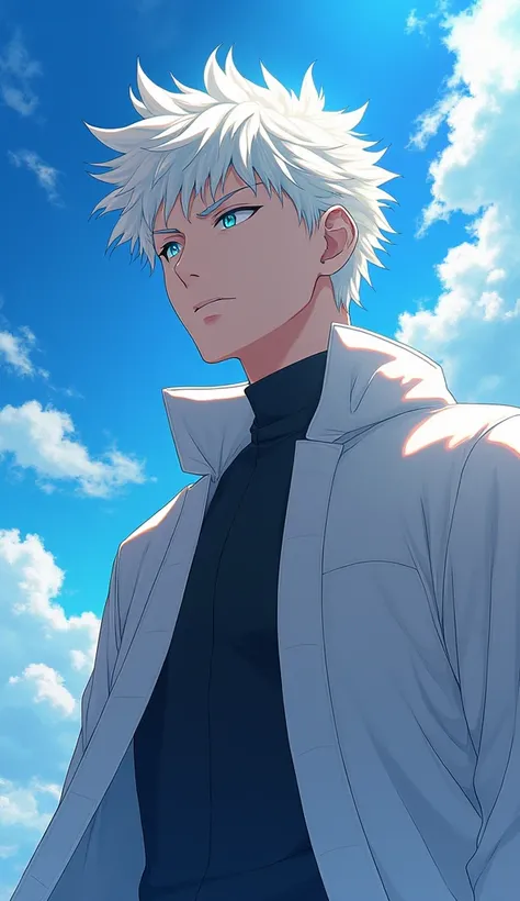 Gojo Satoru from Jujutsu Kaisen, depicted in a breathtaking anime art style. He has white, wind-swept hair glowing softly in the sunlight, and his piercing blue eyes radiate an otherworldly energy. He gazes upward toward a vibrant blue sky with scattered c...