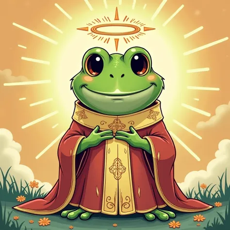 an illustration of PePe the frog that its Saint, cartoon style