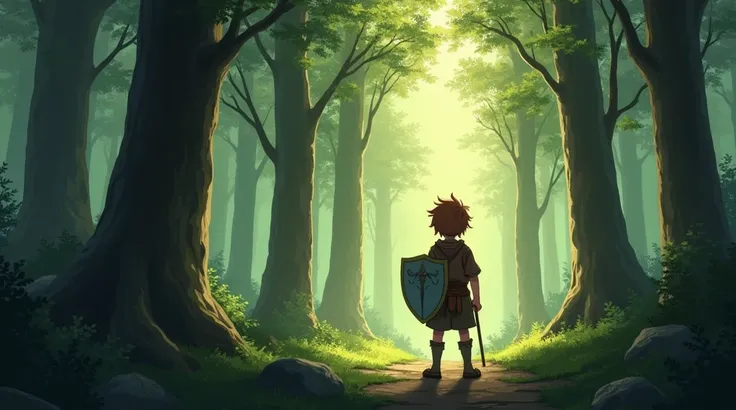 A young and strong boy , with brown hair,  version of clothing exactly as pictured above and holding a glowing shield,  watching the forest of Elmoreden ,  he may be farther away , It could be in an anime version