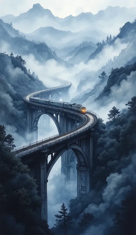 (masterpiece:1.2,Superior Quality,Mirror finish, Cinematic Experience, best illustration:2.0),8k,(Watercolor:2.0),(An old bridge shrouded in fog :2.0),(An old bridge is built in a mountainous area:2.0),( bridge over the mountainous area :2.0),( A freight t...