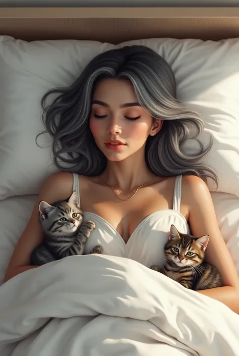 A brown-skinned woman with straight black and gray hair,  with a half full body lying in bed with a white kitten a gray kitten and a tabby kitten.