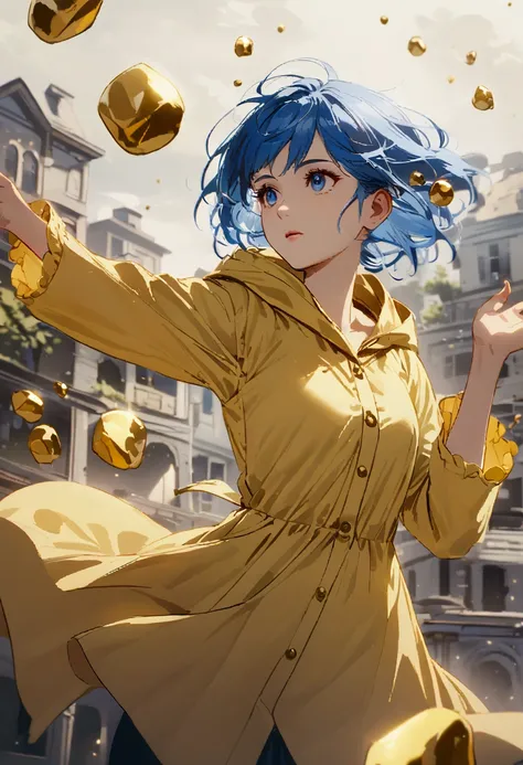 Girl with short blue hair and blue eyes wearing a yellow raincoat throwing a gold-colored risary through the air 