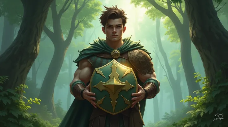  a young and strong man , with brown hair,  version of clothing exactly as pictured above and holding a glowing shield,  watching the forest of Elmoreden 