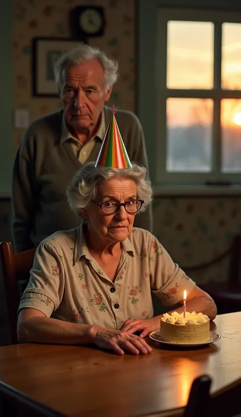 An elderly woman with gray hair, wearing a slightly tilted colorful party hat, sits at the head of a wooden table, her sad expression reflecting a sense of nostalgia. She wears a modest floral dress and delicate glasses, her hands resting gently on the tab...