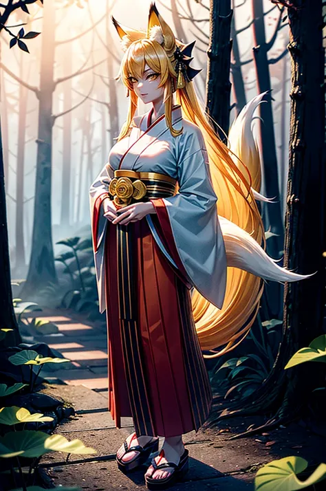 adult kitsune woman, devilish expression, yellow eyes slit with black, blond hair, long hair, fox ears, fox tails, white kimono with lotus patterns, red hakama, sandals, in a dark forest