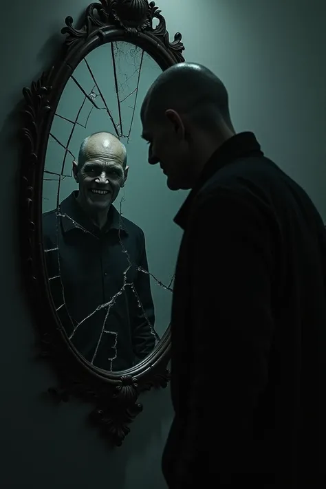 Man in the shadows looks at himself in a broken mirror ,  his reflection you can only see a macabre smile