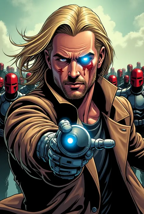  Make the bust of a male comic book character with long blond hair, thin beard.  the right eye glowing blue , His nose is bleeding . com  the robotic arms  trajado com um sobretudo de couro marrom,  the robotic arms . His nose is bleeding . Do him backward...