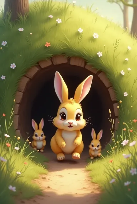 A yellow rabbit decides to return home from a hole with his family 