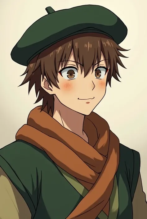 design an anime style character, for starters I want him to be a  takeshi boy and he is a typical shonen anime protagonist Hair color and style: brown hair with a dark green cap on his head. Clothing: typical clothes of a middle-aged peasant. Traits: he ha...