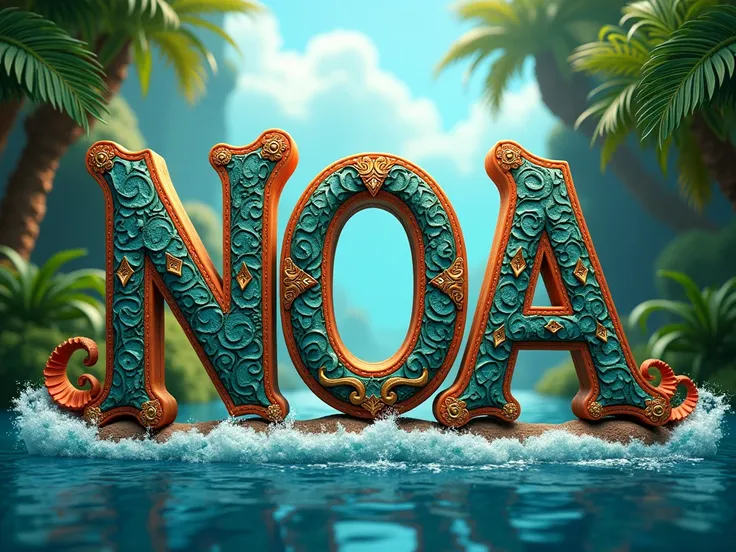 Create a poster extremely detailed with letter-by-letter writing "NOA" en français et en majuscule. dans un style Disney 4D. LÉCRITURE DOIT ÊTRE BIEN VISIBLE. 
Thème MOANA.