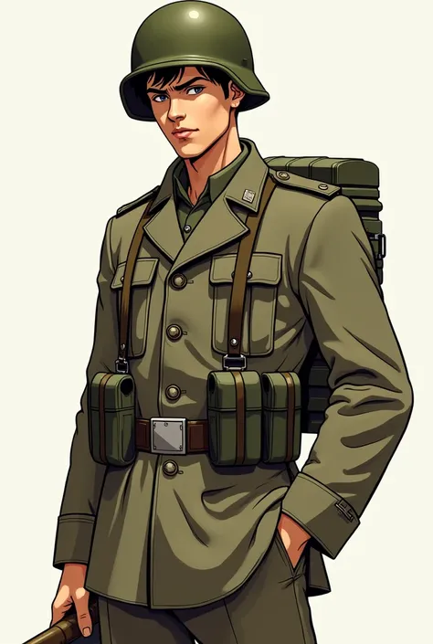 Create a young handsome man around  with brownish hair, with a pretty skinny complexion wearing a WW2 soldier uniform with a WW2 helmet, he has a serious look on his face, in a manga style, now make him in fully body