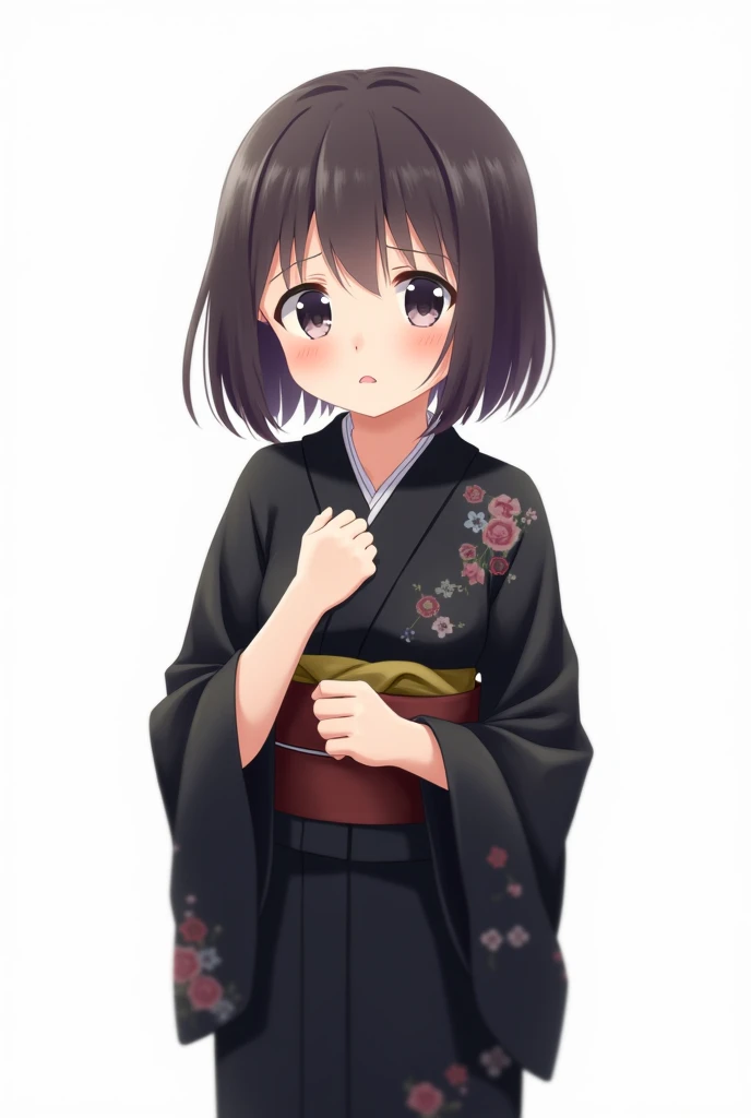 Anime girl with black yukata and with flowers worried and with a white background and full body with her fist on her chest with an emotion of nervousness and concern 