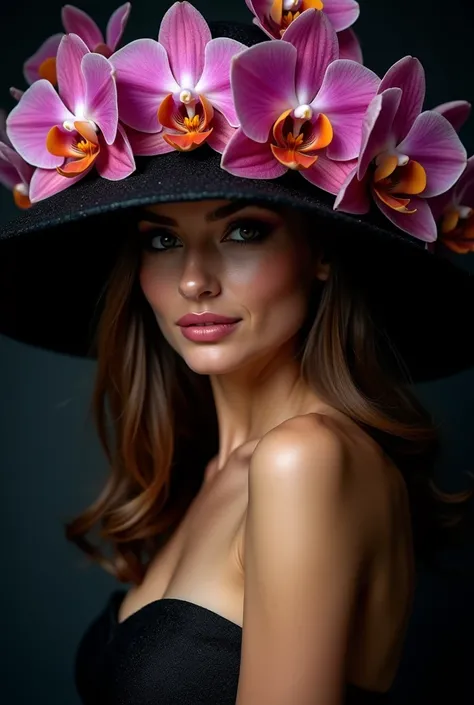 highly detailed sleek, modern photographic portrait of a stunning European woman, elegant and refined, with beautiful eye make-up, smiling flirtatious expression and loose, shiny hair, partially hidden by a large couture hat decorated with flowers and leav...