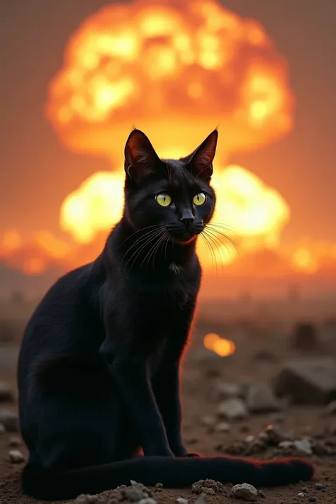 Black cat looking at nuclear explosion 