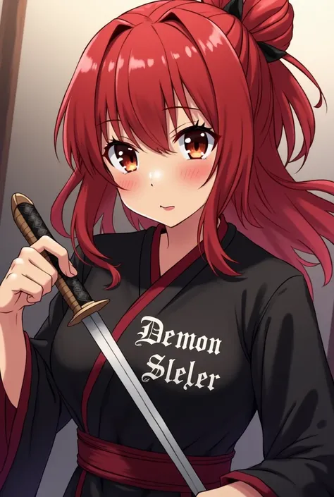 Anime The blade that cuts through demons Taisho girl with red hair, chopsticks gathered in a careless bun ,who was stabbed with . Dressed in black demon slayer clothes with the inscription "Demon Slayer". brown eye .