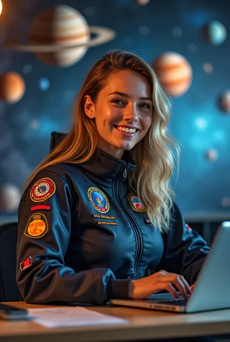 Smiling woman sitting at a desk with a laptop,  ewa juszkiewicz , molly space,  anna nikonova aka newmilky , Magdalena Radziej, in a space cadet suit, Aleksandra Waliszewska, Official product photo, Standing in the Solar System, Sandra Pelser, angie glock