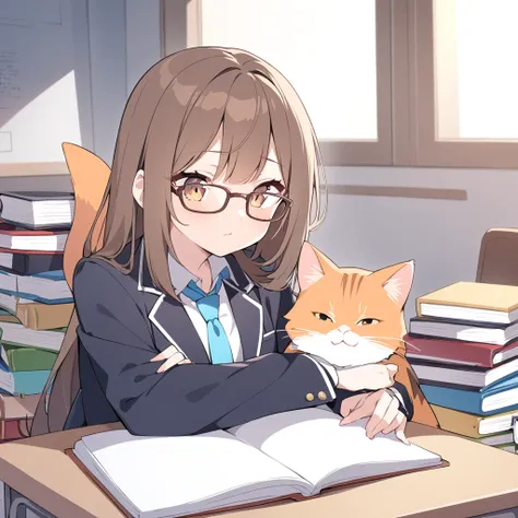 brown hair in a tie, girl studying, 19 books piled up on her desk,  a orange cat on her lap, wearing glasses