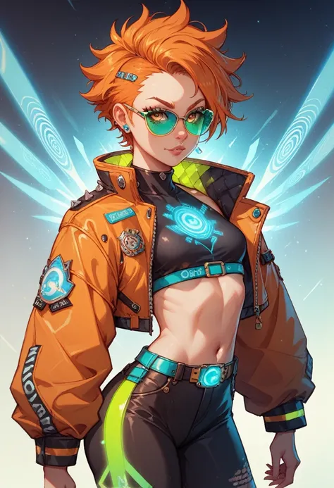 bold cyber-punk girl with shoulder-length orange hair and glowing green sunglasses, wearing a cropped holographic jacket with acid yellow accents, very small breasts, anime-style, waist-up, with glitching fractal lights in the background