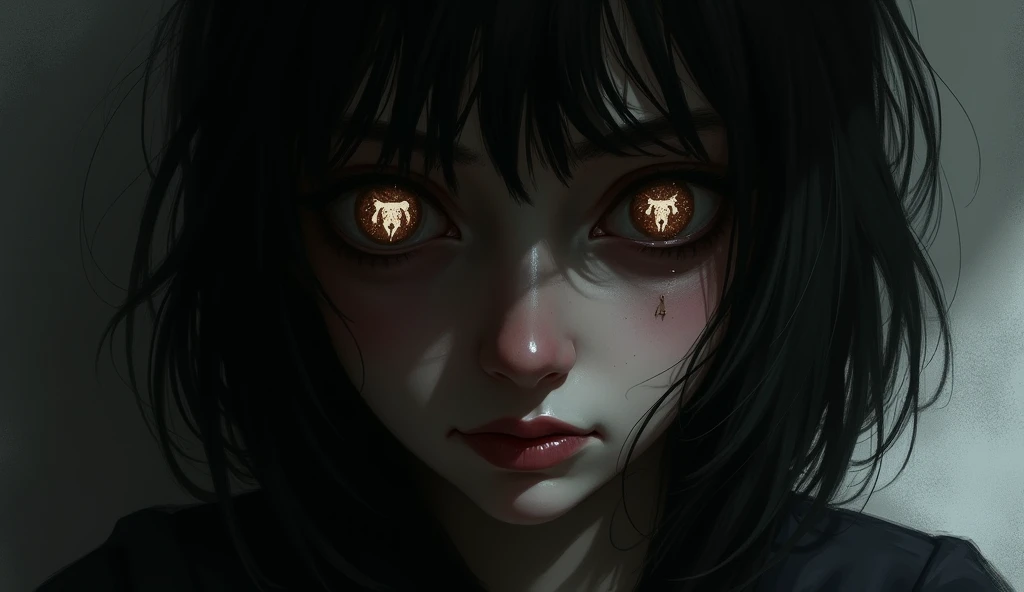  An illustration showing the face of a person , half covered by shadows ,  with the image of the Chupa-Goat reflected in their eyes.