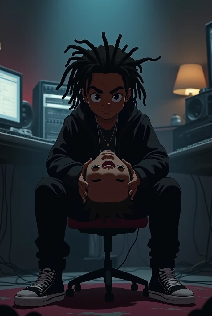 Animated black boy with dreadlocks, with serious face, wearing black clothes, inside music studio, hip hop vibes, dark theme, holding human head, sitting on chair