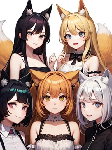 5 almost identical fox girls,  yellow-haired, honey colored eyes, orejas de lobo, (( looking at the spectator )),((High quality 4k)),(5 girls)