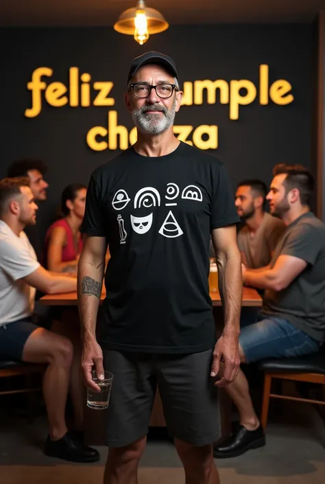 realistic image of a 60-year-old man, standing facing the camera with a glass of water in his hand, is bald, wears glasses with black frames, a short gray beard, a black baseball cap, a black t-shirt on the body with white aboriginal symbols, shorts and bl...