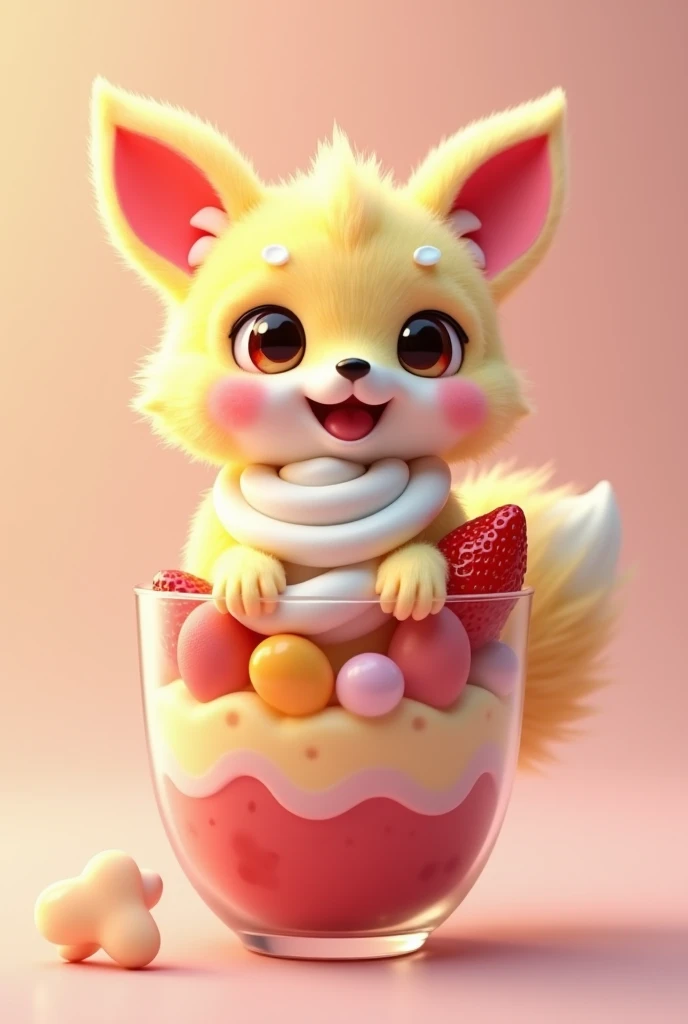 A highly detailed 3D-rendered dessert-themed creature with a playful and adorable design. The creature resembles a small fox or bunny with soft, fluffy fur that mimics the texture of whipped cream, highlighted by realistic lighting. Its fur is a creamy yel...