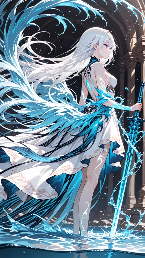 Sword girl , 1 girl, blue eye, white hair, long hair , beautiful skin, white dress phoenix, sword, water, water, Sword at the side of the body, side view 