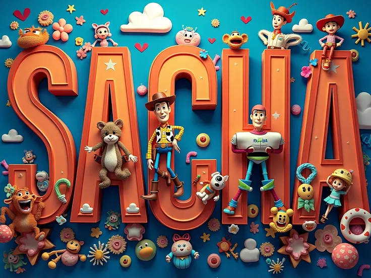 Create a poster extremely detailed with letter-by-letter writing "Sacha" en français et en majuscule. dans un style Disney 4D. LÉCRITURE DOIT ÊTRE BIEN VISIBLE. 
Thème TOY STORY, Andy.