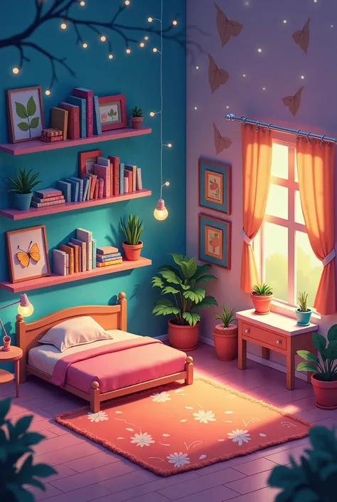 
create the image of a room in 2D cartoon style design at day, do not add a bed, leave the empty space in the center