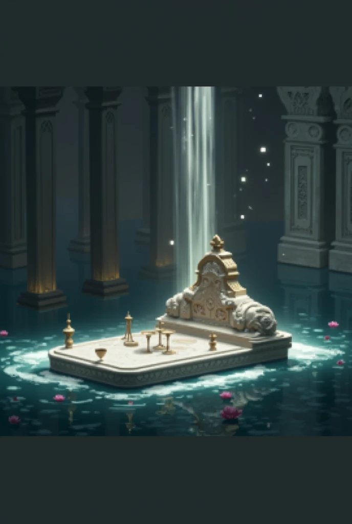 A digital painting depicts a mystical scene within an ancient, ornate structure. The focal point is an elevated platform resembling a royal throne, situated centrally in the image. This platform is adorned with intricate carvings and surrounded by water fi...