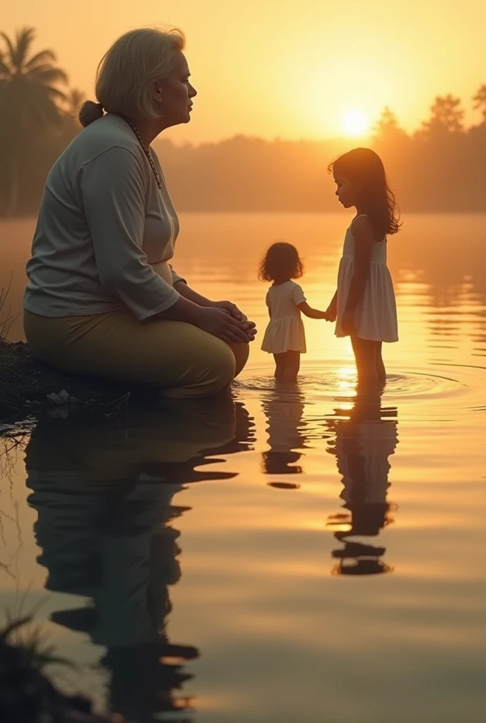 A moment of introspection: A 50-year-old woman, slightly blonde, of indigenous descent, chubby, sitting on the edge of a lake at sunset, her reflection in the water showing a younger version of herself surrounded by her daughters. --ar 16:9 --v 5