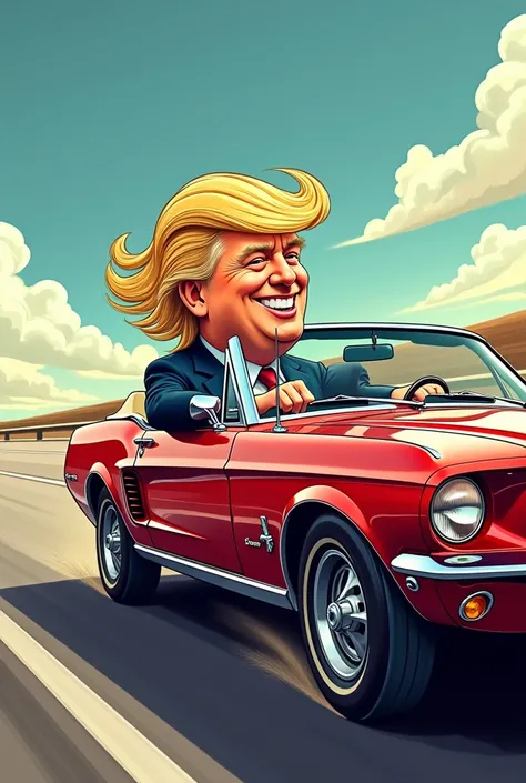 Gere,, Donald trump meme character person, three color character,, driving a mustang car on a highway, Donald trump face smiling Character person, inspired by Tim Doyle, by Tim Doyle, Donald trump with flowing hair, driving the car, Mustang convertible cla...