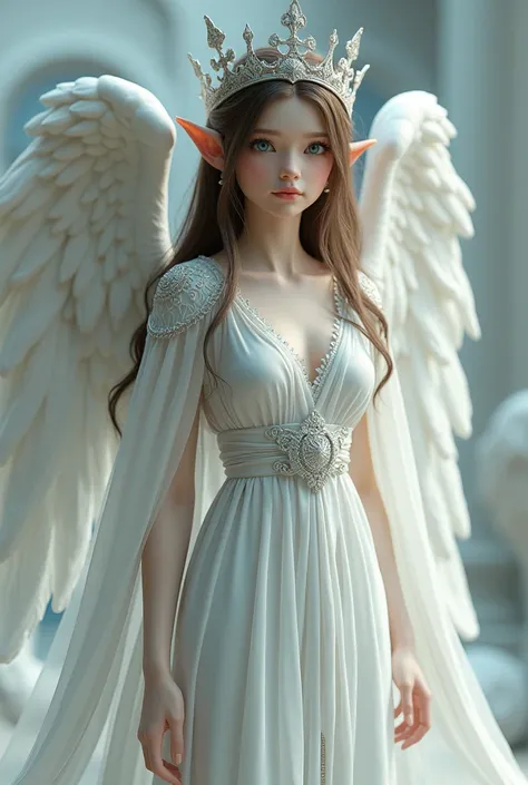 3D fantasy elf with white elf wings she has elf ears she has brown hair with blue eyes she has a long died with an angel crown on it she has a white dress with a belt she wears a cape