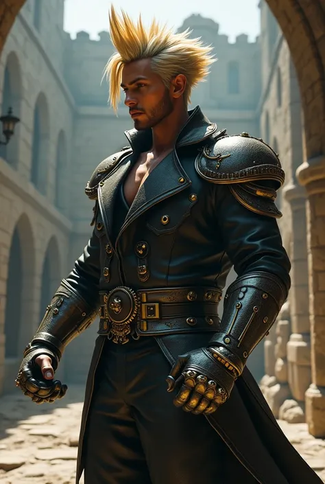 Create final fantasy style: a handsome black man with sharp golden hair with a tuft wearing a steampunk heavy metal jacket with 2 platinum knuckle-dusters in a medieval combat arena