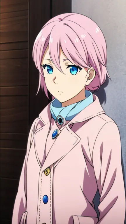 pink hair, blue eyes, wears cream colored coat and winter gloves.