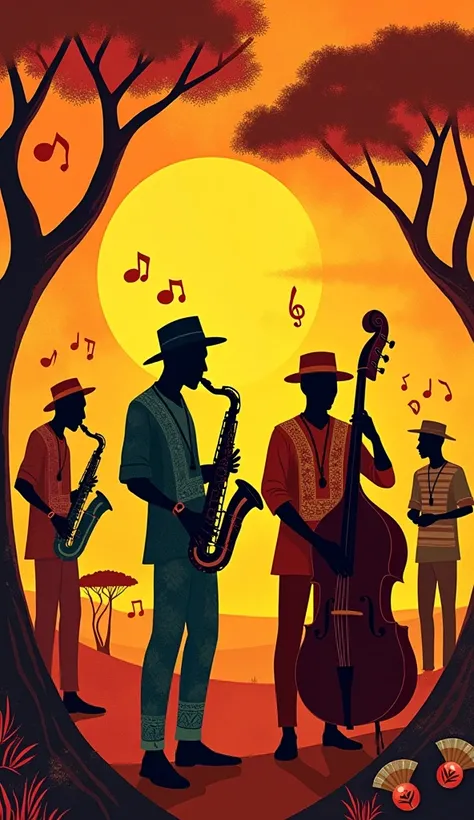 "An event poster featuring warm color blocks such as orange, red, yellow, and brown, blending the essence of Africa with jazz music. The design should showcase stereotypical African visuals, like a savanna landscape with baobab trees or stylized traditiona...