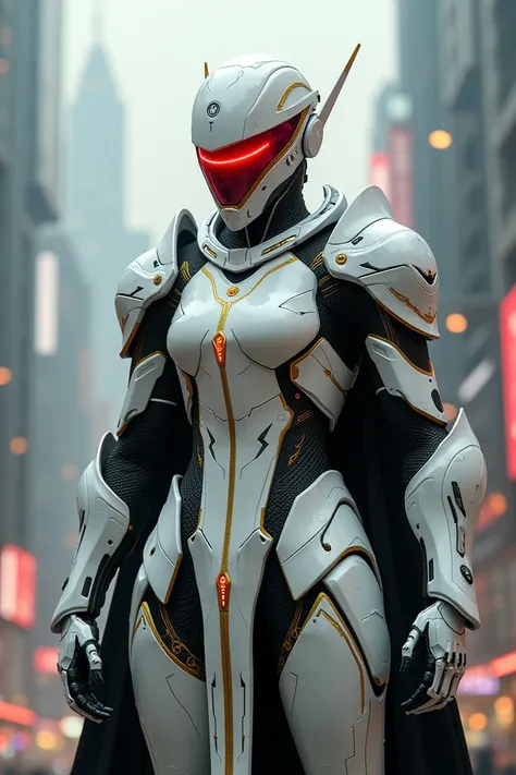 VIDEO GAME STYLE: Knight in white armor with black and gold touches, the futuristic cyberpunk-style armor with a red visor 