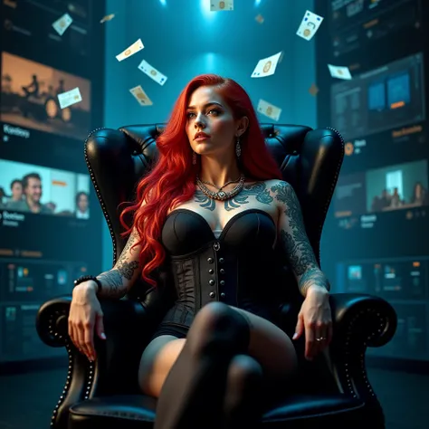 Realistic photo of a woman with long red hair and tattoos with black corset sitting in a modern throne style chair with silver tones,  surrounded by digital marketing tools such as screen graphics, floating social media notifications , and euros symbolizin...