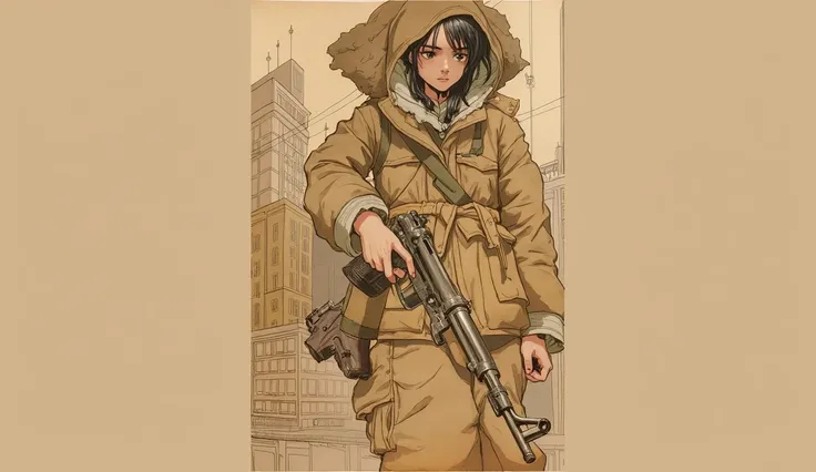 girl with a gun in the city、Brave look( things drawn with ink on Japanese paper , Bleeding easily)(  Modern Picture Book Art  ) (Transparent watercolor) ( The light itself is real  ) (Soft layer, Wide range of colors) ( Light Shades of Paint Diluted with W...