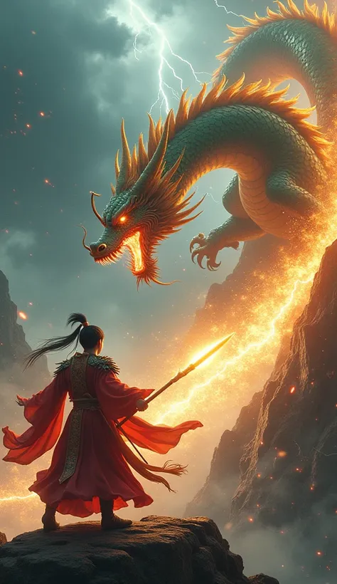 "An epic cinematic scene featuring a legendary Chinese warrior clashing with a colossal dragon. The warrior, dressed in flowing traditional robes with a mix of red and gold accents, wields a glowing, enchanted spear. The dragon, with shimmering scales of g...